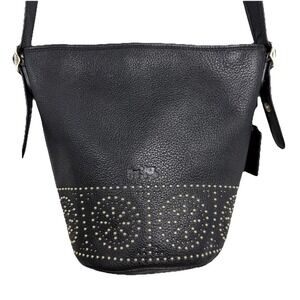 Coach Bleecker Mini Duffle Black Pebbled Leather‎ Studded Crossbody Bag Boho